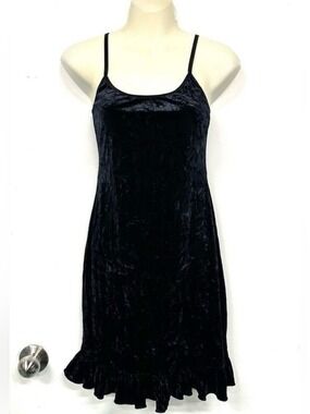 Vintage 90s slip dress blue crushed velour Small Stretch Ruffle hem